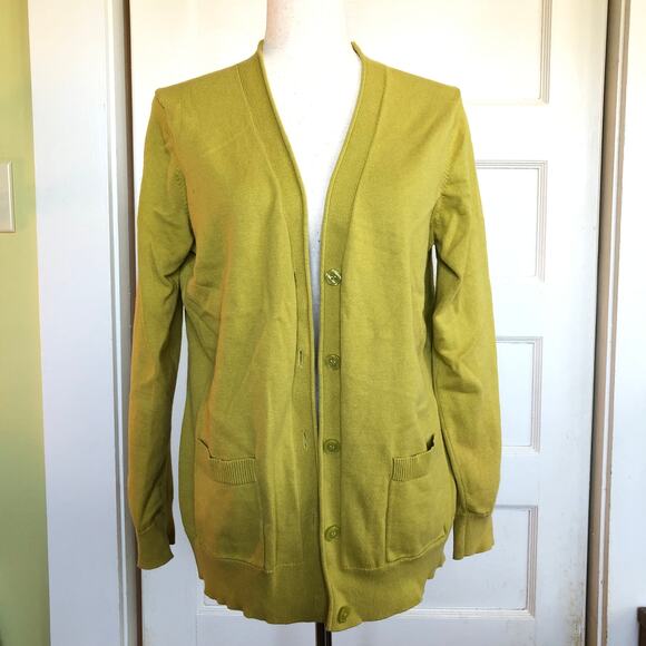 Van Heusen Studio Mustard Yellow Cardigan L 100% Cotton Pockets Minimalist Retro - Picture 2 of 9